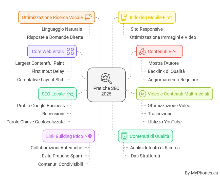 infografica strategie SEO 2025, come posizionarsi sui motori di ricerca ed essere primi su Google